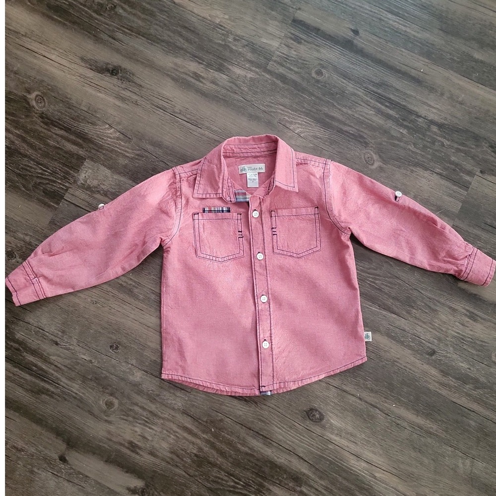 Baby Route 66 Boys/Girls Red/Pink Chambray Button Down Shirt Plaid Elbow Patches